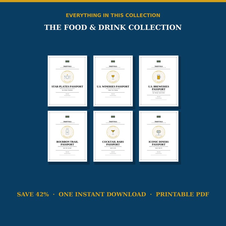May include: A collection of six white rectangular booklets titled The Food & Drink Collection, including Star Plates, U.S. Wineries, U.S. Breweries, Bourbon Trail, Cocktail Bars, and Iconic Diners passports, each featuring a unique gold circular icon.