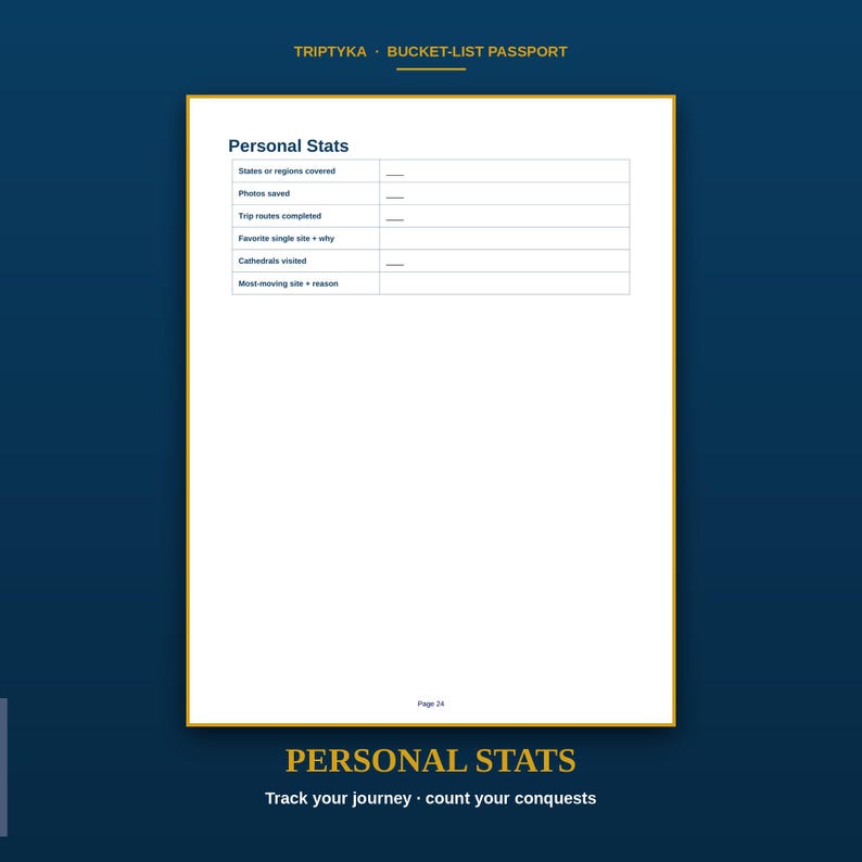 May include: A white page from a Triptyka Bucket-List Passport featuring a Personal Stats table with rows for states covered, photos saved, trip routes, favorite sites, cathedrals, and moving sites. The header text reads Personal Stats.