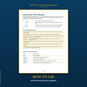 May include: A Triptyka Bucket-List Passport instructional page with dark blue borders and gold text. It details how to use the passport, including tracking, planning, logging, and earning badges, plus pro tips and a visit log template for rockhounding.