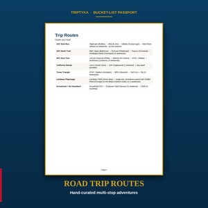 Może przedstawiać: Biała strona zatytułowana Trip Routes z paszportu Triptyka Bucket-List. Dokument zawiera plany podr&oacute;ży, w tym AFC East Run, AFC North Trail, NFC East Tour, California Sweep, Texas Triangle, Lambeau Pilgrimage oraz Arrowhead.