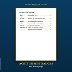 May include: A white page titled Achievement Badges from a Triptyka Bucket-List Passport. The list includes items like First Site, Halfway, Complete, Five Regions, Photographer, Off-Season, Civil Rights Trail Anchor, Underground Railroad, and more.