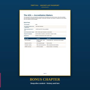 May include: A white informational page titled The AZA - Accreditation Matters, featuring a table with quick facts about zoo accreditation, conservation impact, and standards. The document includes the text TRIPTYKA - BUCKET-LIST PASSPORT and BONUS CHAPTER at the top and bottom.