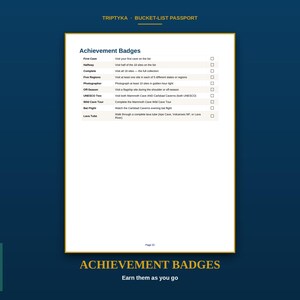 May include: A white page titled Achievement Badges from a Triptyka Bucket-List Passport. The list includes First Cave, Halfway, Complete, Five Regions, Photographer, Off-Season, UNESCO Two, Wild Cave Tour, Bat Flight, and Lava Tube with checkboxes.