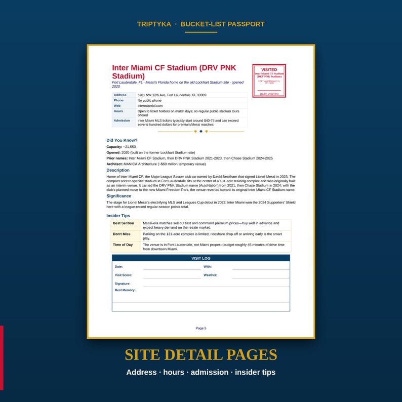 May include: A Triptyka Bucket-List Passport page detailing the Inter Miami CF Stadium, formerly DRV PNK Stadium. The document includes address, contact, and admission info, a 'Did You Know' section, description, significance, insider tips, and a visit log.