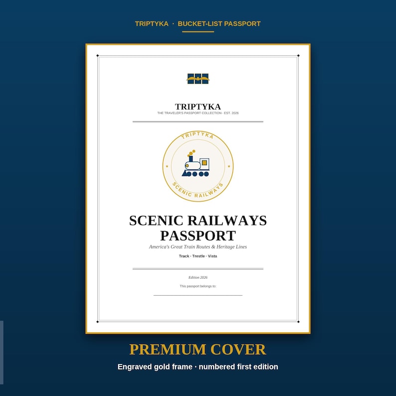 K&ouml;nnte beinhalten: Ein wei&szlig;er, rechteckiger Reisepass-Einband mit goldenem Rand, der den Text TRIPTYKA BUCKET-LIST PASSPORT, ein zentrales kreisf&ouml;rmiges Emblem mit einem blauen Zug-Symbol und den Titel SCENIC RAILWAYS PASSPORT America's Great Train Routes enth&auml;lt.
