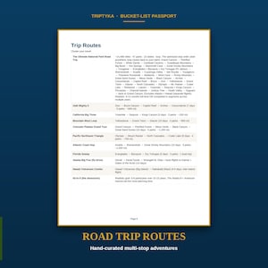 Puede incluir: Una p&aacute;gina blanca titulada Trip Routes del Triptyka Bucket-List Passport. El documento enumera varios itinerarios de viaje por carretera, incluidos The Ultimate National Park Road Trip, Utah Mighty 5 y California Big Three con paradas.