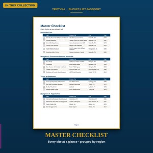 May include: A white document titled Master Checklist with a dark blue header and border. It features a table organized by regions including Nashville Core, Memphis, Texas, Oklahoma, and Appalachia, listing halls, descriptions, cities, and years.