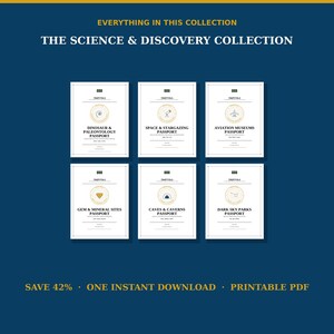 Puede incluir: Una colecci&oacute;n de seis libretas de pasaporte imprimibles titulada The Science & Discovery Collection. Cada libreta blanca presenta un icono &uacute;nico y texto que incluye Dinosaur & Paleontology, Space & Stargazing, Aviation Museums, Gem & Mineral, Caves & Caverns y Dark Sky Parks.