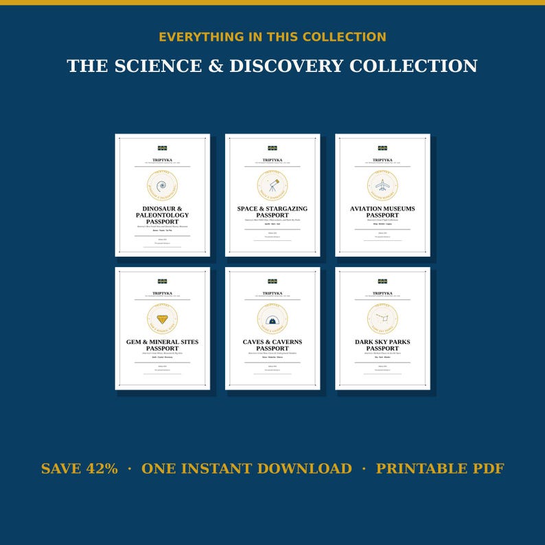 Puede incluir: Una colecci&oacute;n de seis libretas de pasaporte imprimibles titulada The Science & Discovery Collection. Cada libreta blanca presenta un icono &uacute;nico y texto que incluye Dinosaur & Paleontology, Space & Stargazing, Aviation Museums, Gem & Mineral, Caves & Caverns y Dark Sky Parks.