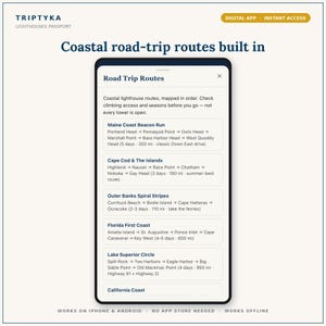 May include: A smartphone screen displaying the Triptyka Lighthouses Passport digital app interface. The screen shows a list of coastal road-trip routes including Maine Coast Beacon Run, Cape Cod & The Islands, Outer Banks Spiral Stripes, Florida First Coast, and Lake Superior Circle with specific lighthouse stops and trip durations.