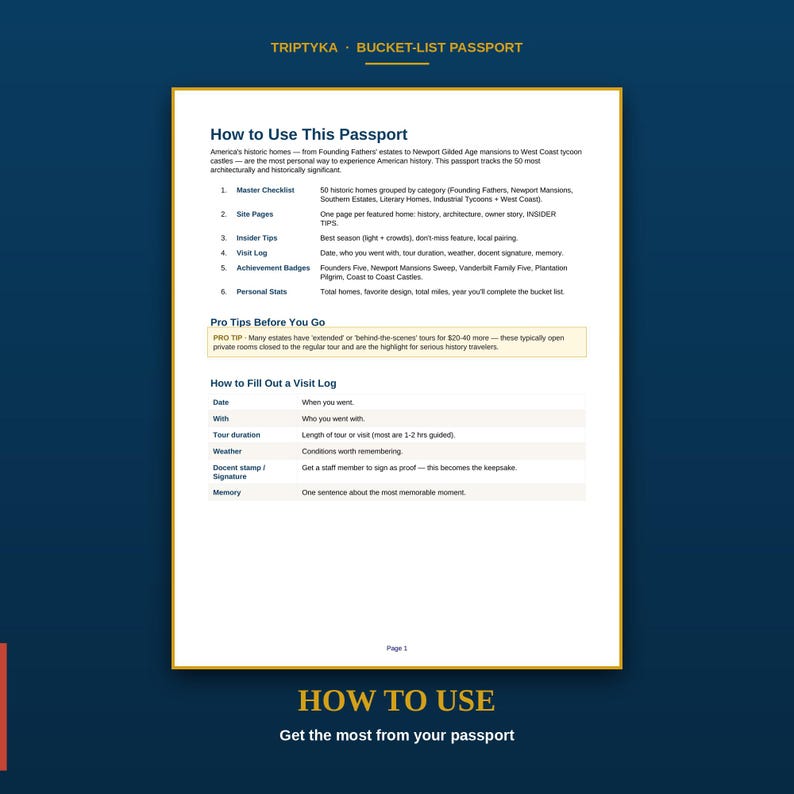 May include: A white informational page titled Triptyka Bucket-List Passport with dark blue text. It outlines how to use the passport, including a master checklist, site pages, insider tips, visit logs, achievement badges, and personal stats sections.