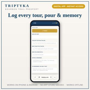 K&ouml;nnte beinhalten: Ein Smartphone mit der digitalen App-Oberfl&auml;che Triptyka Bourbon Trail Passport. Der Bildschirm zeigt ein Formular mit dem Titel Your Visit mit Feldern f&uuml;r Datum, Tourdetails, Verkostungsnotizen und Erinnerungen sowie den Text Log every tour, pour & memory.
