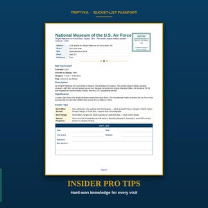 May include: A Triptyka Bucket-List Passport page featuring the National Museum of the U.S. Air Force. The document includes location details, a Did You Know section, a description, significance, insider tips, and a visit log for recording data.