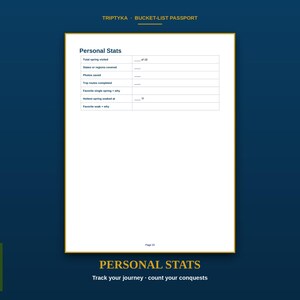 Peut inclure: Une page blanche du passeport Triptyka Bucket-List intitul&eacute;e Personal Stats. Elle pr&eacute;sente un tableau avec des champs pour le nombre total de sources visit&eacute;es, les r&eacute;gions couvertes, les photos, les trajets, la source pr&eacute;f&eacute;r&eacute;e et la temp&eacute;rature.