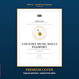 K&ouml;nnte beinhalten: Ein wei&szlig;es, rechteckiges Passheft mit goldenem Rahmen und dem Text TRIPTYKA BUCKET-LIST PASSPORT, COUNTRY MUSIC HALLS PASSPORT, Nashville to Memphis and the Story of American Country, Song Stage Story, Edition 2026 und This passport belongs to.