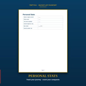 May include: A white page from a Triptyka Bucket-List Passport titled Personal Stats. The page features a table with rows for states or regions covered, photos saved, trip routes completed, favourite single bar, bars visited out of 21, and favourite cocktail plus bar.