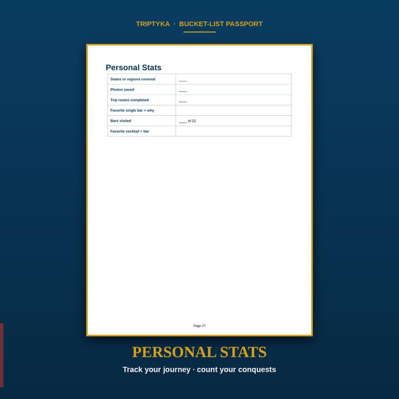 May include: A white page from a Triptyka Bucket-List Passport titled Personal Stats. The page features a table with rows for states or regions covered, photos saved, trip routes completed, favourite single bar, bars visited out of 21, and favourite cocktail plus bar.