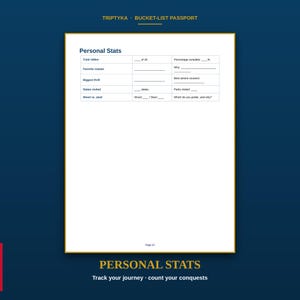 K&ouml;nnte beinhalten: Eine wei&szlig;e Seite aus dem Triptyka Bucket-List Passport mit der &Uuml;berschrift Personal Stats. Die Seite enth&auml;lt eine Tabelle mit Feldern f&uuml;r die Anzahl der Fahrten, Lieblings-Coaster, gr&ouml;&szlig;te Nervenkitzel, besuchte Staaten und Holz- oder Stahlpr&auml;ferenzen.