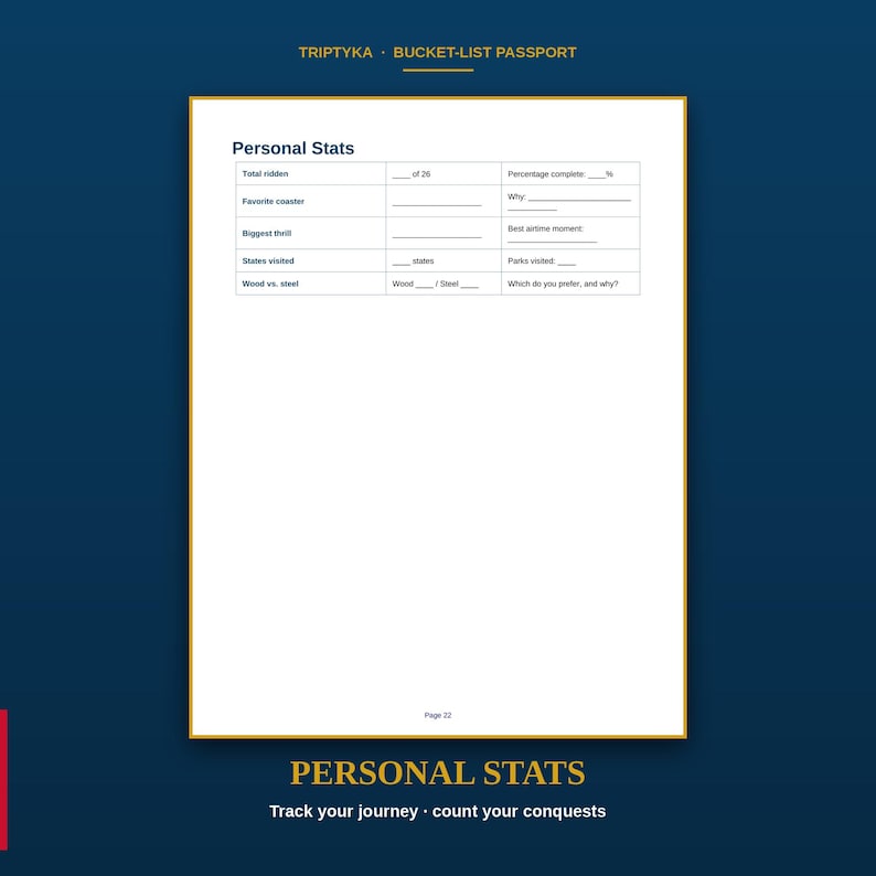 K&ouml;nnte beinhalten: Eine wei&szlig;e Seite aus dem Triptyka Bucket-List Passport mit der &Uuml;berschrift Personal Stats. Die Seite enth&auml;lt eine Tabelle mit Feldern f&uuml;r die Anzahl der Fahrten, Lieblings-Coaster, gr&ouml;&szlig;te Nervenkitzel, besuchte Staaten und Holz- oder Stahlpr&auml;ferenzen.