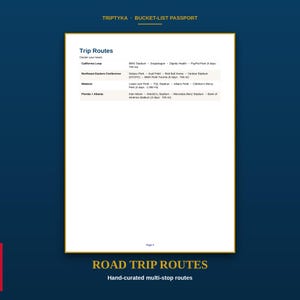 May include: A white page titled Trip Routes from a Triptyka Bucket-List Passport. The document lists four travel itineraries: California Loop, Northeast Eastern Conference, Midwest, and Florida + Atlanta, each detailing specific stadiums and trip durations.
