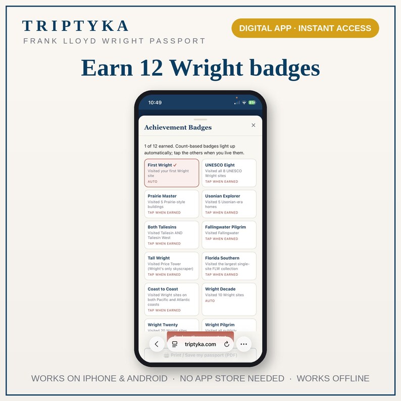 Frank Lloyd Wright Bucket List-app - Present till arkitekturälskare - Byggnadsspårning, åtkomst till telefonapp, iPhone Android bild 6