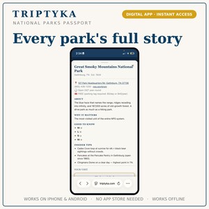 K&ouml;nnte beinhalten: Ein Smartphone mit der digitalen App Triptyka National Parks Passport, die Informationen zum Great Smoky Mountains National Park anzeigt. Der Bildschirm zeigt Textdetails, Standort und Insider-Tipps, wobei die URL triptyka.com unten zu sehen ist.