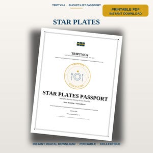 Pu&ograve; includere: Un documento PDF stampabile bianco intitolato Star Plates Passport, con un logo circolare centrale che mostra un'icona di piatto, forchetta e coltello. Il testo include Triptyka, The Traveler's Passport Collection, Michelin-Starred Dining Across America e Edition 2026.