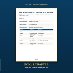 May include: A white informational page titled How a Cave Forms &mdash; Limestone, Acid, and Time, featuring a table of quick facts about cave formation, stalactites, stalagmites, and columns, with the text Triptyka Bucket-List Passport at the top.