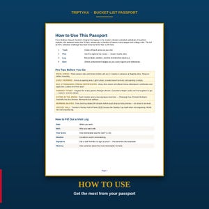K&ouml;nnte beinhalten: Eine Anleitungsseite f&uuml;r den Triptyka Bucket-List Passport mit den Abschnitten How to Use This Passport, Pro Tips Before You Go und How to Fill Out a Visit Log. Der Text bietet Anleitungen zum Verfolgen von Arena-Besuchen, Planen und Protokollieren.