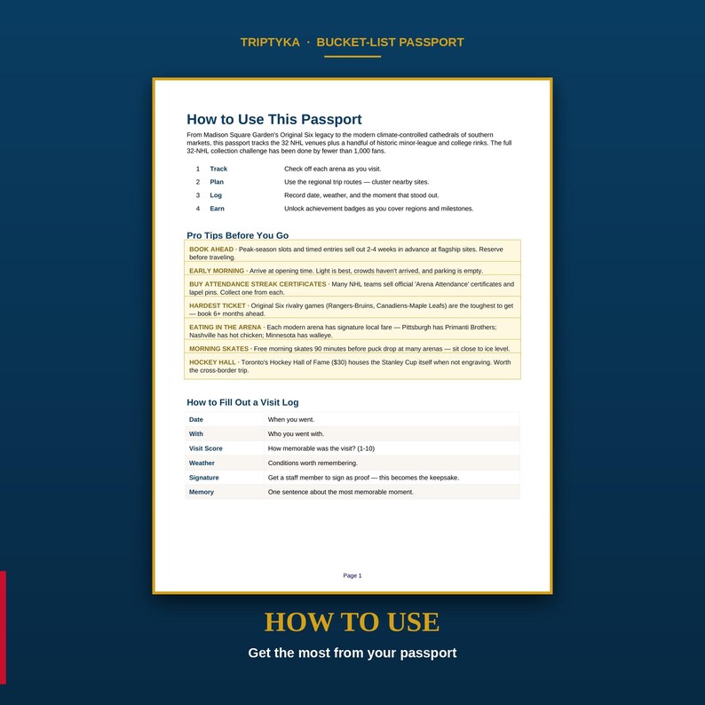 K&ouml;nnte beinhalten: Eine Anleitungsseite f&uuml;r den Triptyka Bucket-List Passport mit den Abschnitten How to Use This Passport, Pro Tips Before You Go und How to Fill Out a Visit Log. Der Text bietet Anleitungen zum Verfolgen von Arena-Besuchen, Planen und Protokollieren.