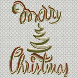 Könnte beinhalten: Ein stilisiertes Bild eines Weihnachtsbaums mit den Worten "Merry Christmas" in einer geschichteten 3D-Schrift. Der Hintergrund ist hellgrau mit einem Muster aus kleinen Kreisen.