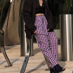 Pink Plaid Cotton Lounge Pants: Oversized Checkered Pajama Bottoms, Unisex fit