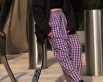 Checkered Wide Cotton Pants for Women, Elastic Waist Relaxed Fit, Avant Garde Summer Trousers