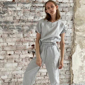 Light Grey Linen Suit-Linen Set for Women-Linen Two Piece Set-Linen Suit-Grey Linen Blouse and Pants Set-Summer women's linen outfit