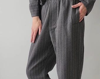 elastic waist cigarette trousers 100% WOOL Cigarette Trousers With Pockets and Elastic Waist/wool Cigarette  Trousers With Pockets and Elastic Waist