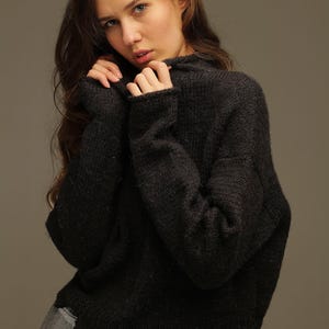 Handmade black wool sweater for women – Boho chic pullover with raw hem – Warm cotton wool blend jumper – High collar oversized knit top