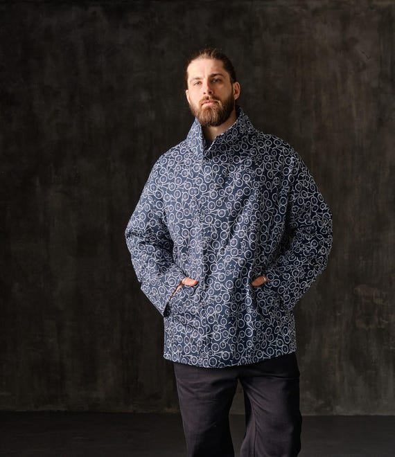 Men's Bicycle Print Cotton Summer Coat: Lightweight Blue Jacket