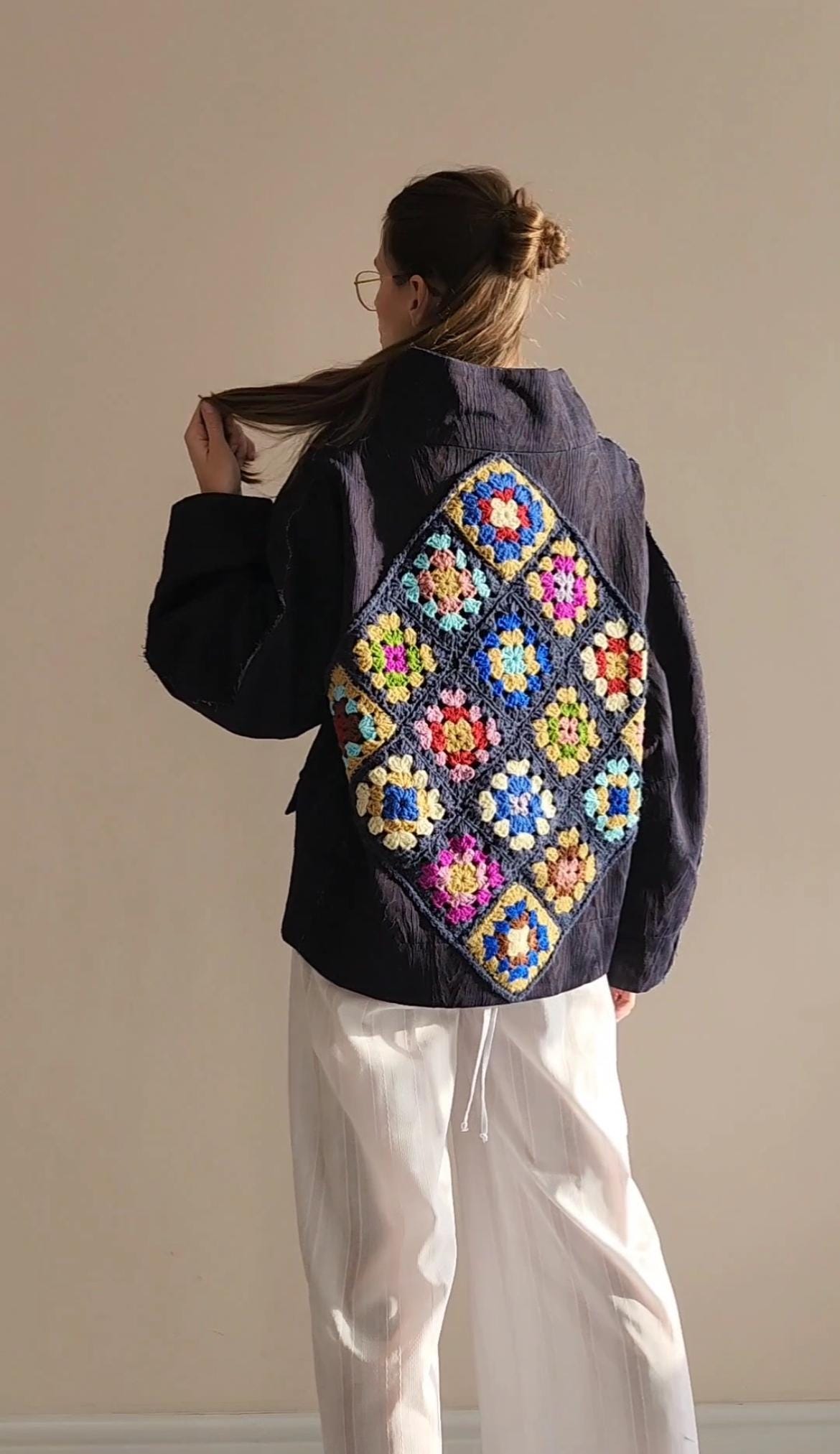 Oversized Denim Jacket – Hand Embroidered Golden Art – Granny Square Wool Panel – Balloon Sleeves – Lightweight Summer Coat for Women