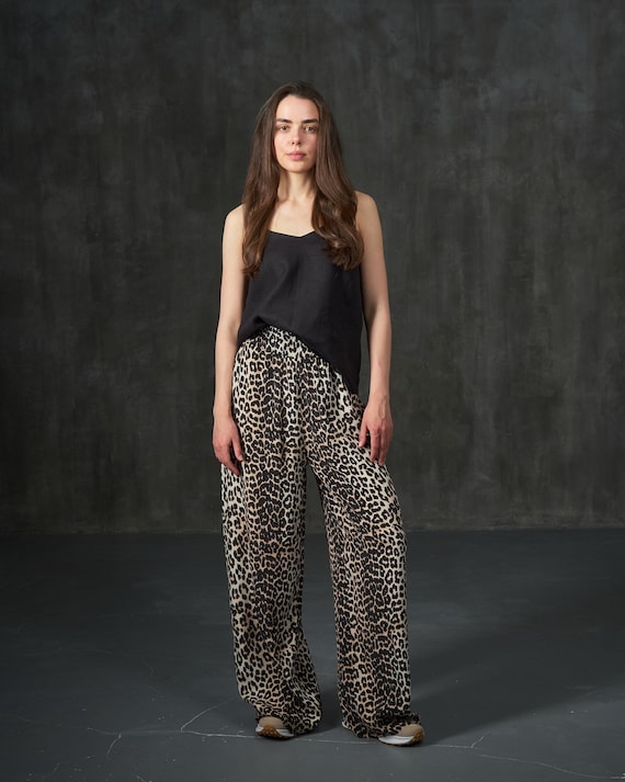 Leopard Cotton Pants-animal Print-palazzo Cotton Pants-loose