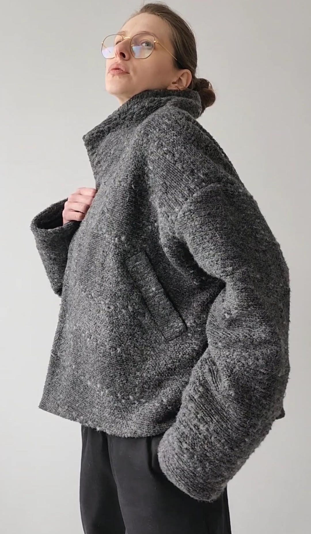 Oversized Wool Crop Jacket: Asymmetric Textured Knit Bomber