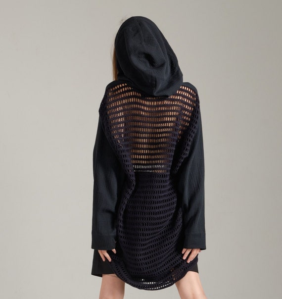 mesh hoodie dress Sheer White Mesh See Through Hooded Gown with Long Sleeves and Puddle Train -