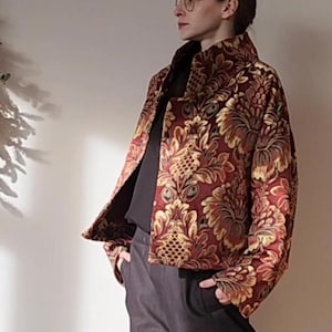 Jacquard bohemian golden threads jacket-Carpet jacket-Ethnic Ornamented coat-Flowered crop jacket--Vintage women&#39;s Renaissance-style jacket