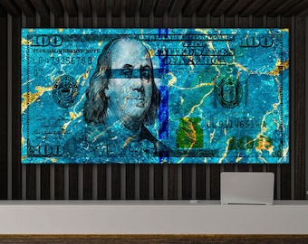ブルーマネーウォールアート デジタルダウンロード – ラグジュアリーマネーアート、モダンなオフィス装飾、モチベーションを高める通貨ポスター、富のマインドセットの印刷可能