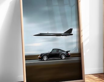 高級車とジェット機のデジタルアート – ターボスポーツカーレーシングジェットプリント、オフィス、男の隠れ家、ガレージの装飾に最適なダークな自動車ウォールアート