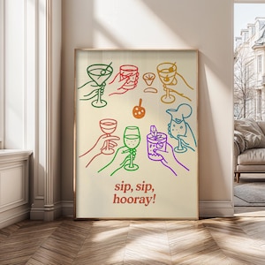 Sip Sip Hooray Digital Wall Art / Stampa per cocktail party / Decorazione da bar con linee retrò / Illustrazione di drink colorati / Poster da cucina stampabile