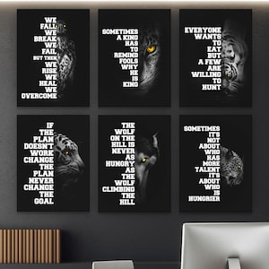 6x Djurmotiverande Väggkonstpaket, Varg Lejon Leopard Citat Set, Digitala Nedladdningar Posters, Svartvita Djurtryck, Kontorsgym Konst