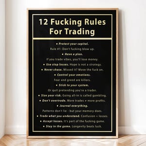 Può includere: Poster con cornice nera con testo dorato: "12 Fucking Rules For Trading". Il poster elenca le regole di trading, tra cui proteggere il capitale, avere un piano e controllare le emozioni. Il poster è su un pavimento di legno.