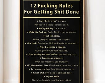 12 Rules for Getting Things Done Digital Print, Motivational Wall Art – Bold Productivity Quote Poster for Office & Workspace