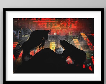 Wall Street stampabile, poster Toro contro Orso, arte della borsa valori, regalo per trader Forex, cartello di trading, opera d'arte per investimenti in dollari