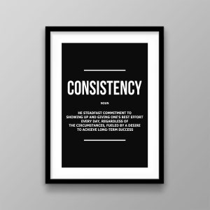Könnte beinhalten: Schwarz-weißes druckbares Poster mit dem Wort "CONSISTENCY" in fetter, großer Schrift. Das Wort wird definiert als "die standhafte Verpflichtung, jeden Tag sein Bestes zu geben, unabhängig von den Umständen, angetrieben von dem Wunsch, langfristigen Erfolg zu erzielen."